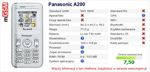 Dane telefonu Panasonic A200 Dane telefonu Panasonic A200