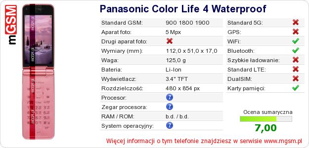Dane telefonu Panasonic Color Life 4 Waterproof