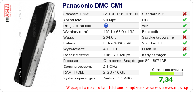 Dane telefonu Panasonic DMC-CM1 Dane telefonu Panasonic DMC-CM1