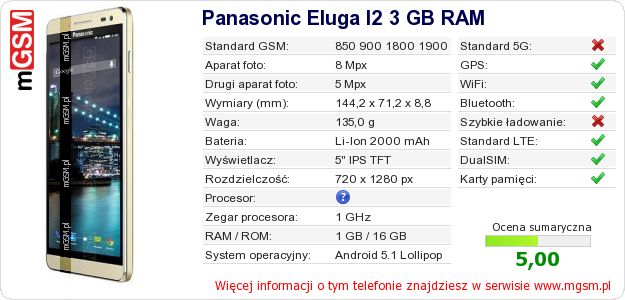 Dane telefonu Panasonic Eluga I2 3 GB RAM Dane telefonu Panasonic Eluga I2 3 GB RAM