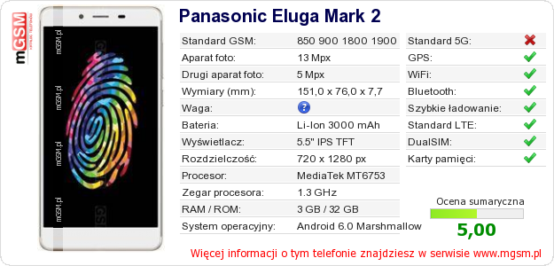 Dane telefonu Panasonic Eluga Mark 2