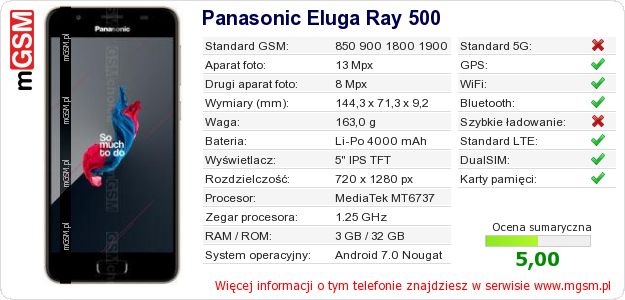 Dane telefonu Panasonic Eluga Ray 500 Dane telefonu Panasonic Eluga Ray 500
