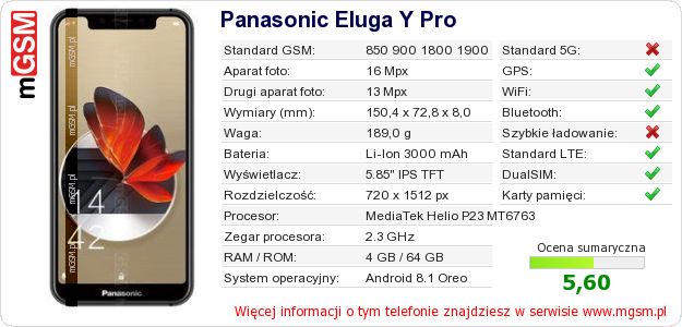 Dane telefonu Panasonic Eluga Y Pro