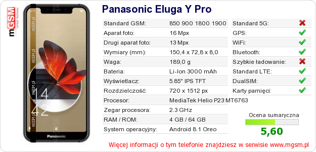 Dane telefonu Panasonic Eluga Y Pro