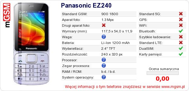 Dane telefonu Panasonic EZ240 Dane telefonu Panasonic EZ240