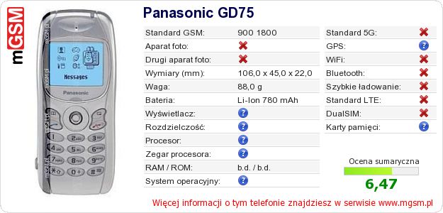 Dane telefonu Panasonic GD75 Dane telefonu Panasonic GD75
