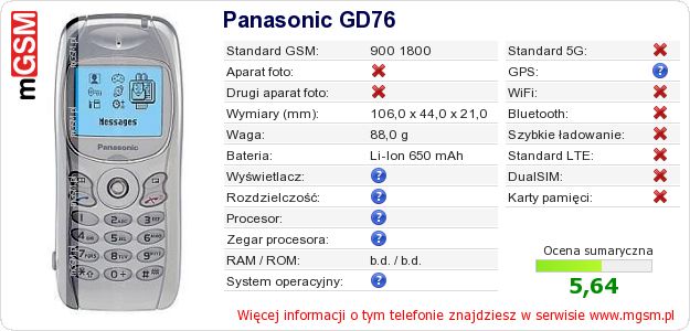 Dane telefonu Panasonic GD76 Dane telefonu Panasonic GD76
