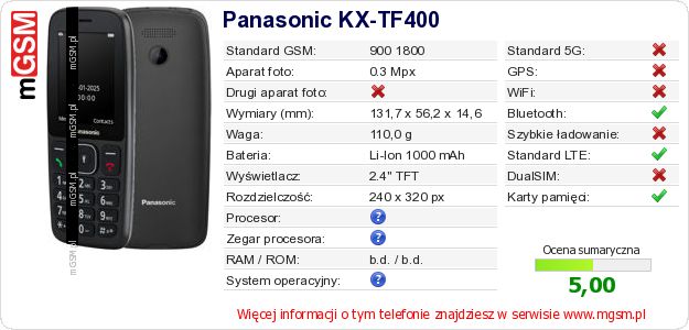 Dane telefonu Panasonic KX-TF400 Dane telefonu Panasonic KX-TF400