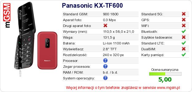 Dane telefonu Panasonic KX-TF600 Dane telefonu Panasonic KX-TF600