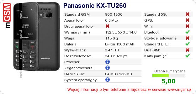 Dane telefonu Panasonic KX-TU260