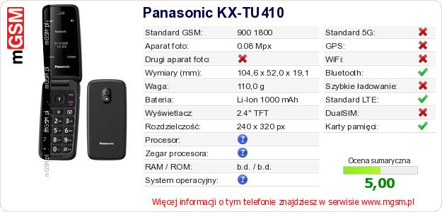 Dane telefonu Panasonic KX-TU410