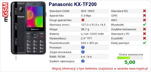 Dane telefonu Panasonic KX-TF200 Dane telefonu Panasonic KX-TF200