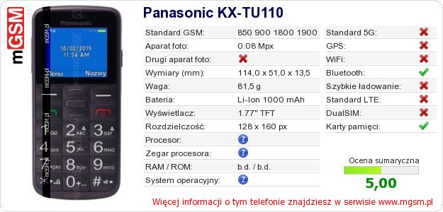 Dane telefonu Panasonic KX-TU110