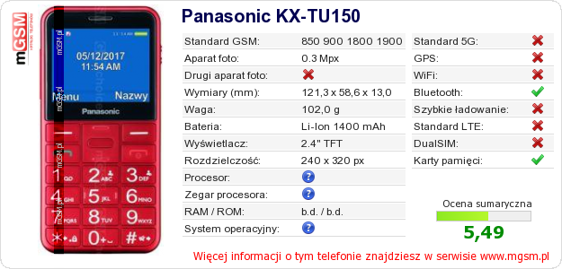 Dane telefonu Panasonic KX-TU150
