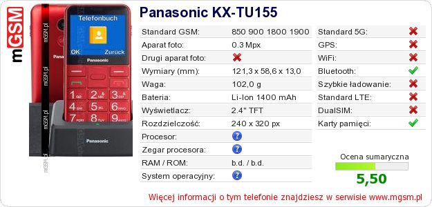 Dane telefonu Panasonic KX-TU155