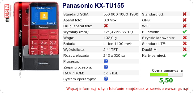 Dane telefonu Panasonic KX-TU155