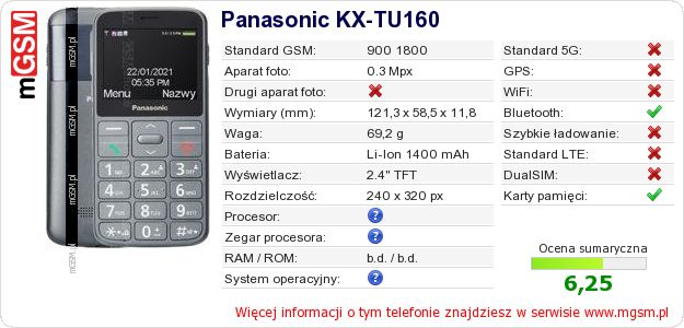 Dane telefonu Panasonic KX-TU160 Dane telefonu Panasonic KX-TU160