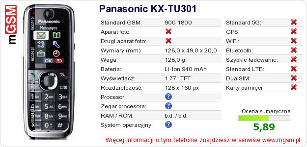 Dane telefonu Panasonic KX-TU301