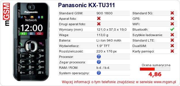 Dane telefonu Panasonic KX-TU311
