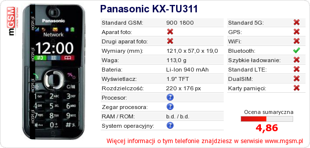 Dane telefonu Panasonic KX-TU311