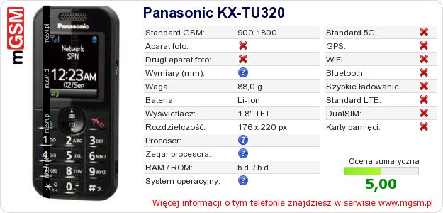 Dane telefonu Panasonic KX-TU320 Dane telefonu Panasonic KX-TU320
