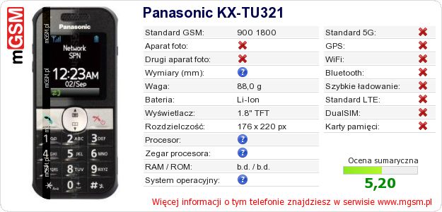 Dane telefonu Panasonic KX-TU321 Dane telefonu Panasonic KX-TU321
