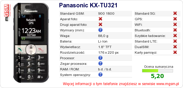 Dane telefonu Panasonic KX-TU321 Dane telefonu Panasonic KX-TU321