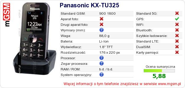 Dane telefonu Panasonic KX-TU325