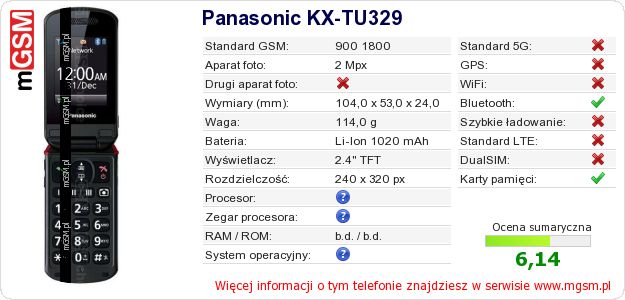 Dane telefonu Panasonic KX-TU329 Dane telefonu Panasonic KX-TU329