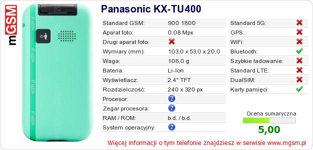 Dane telefonu Panasonic KX-TU400 Dane telefonu Panasonic KX-TU400