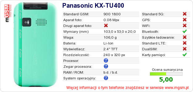 Dane telefonu Panasonic KX-TU400