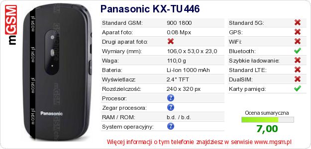 Dane telefonu Panasonic KX-TU446 Dane telefonu Panasonic KX-TU446