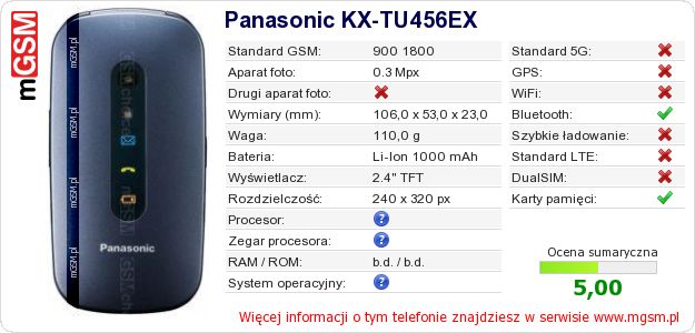 Dane telefonu Panasonic KX-TU456EX