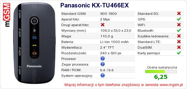 Dane telefonu Panasonic KX-TU466EX Dane telefonu Panasonic KX-TU466EX