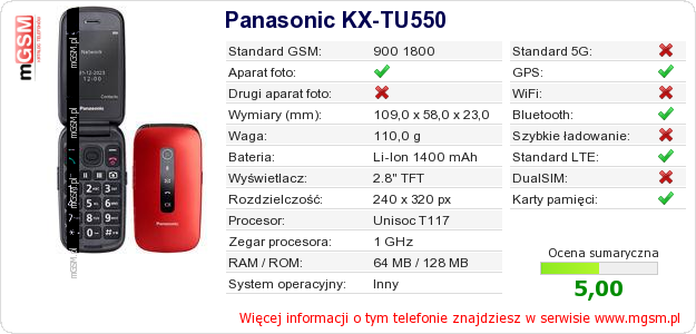 Dane telefonu Panasonic KX-TU550