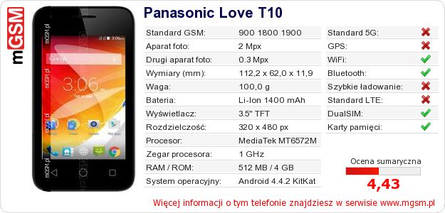Dane telefonu Panasonic Love T10 Dane telefonu Panasonic Love T10