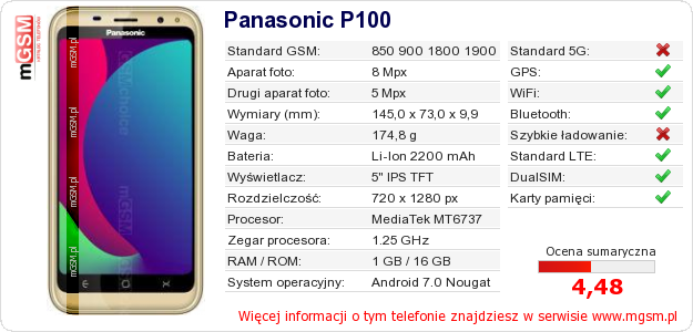 Dane telefonu Panasonic P100