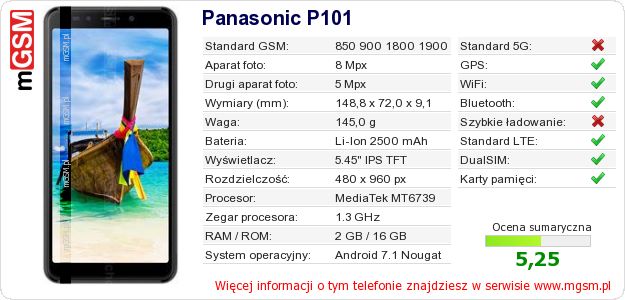 Dane telefonu Panasonic P101