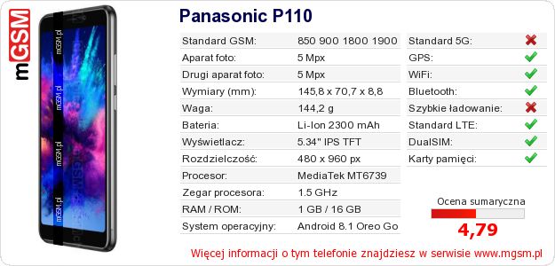 Dane telefonu Panasonic P110 Dane telefonu Panasonic P110