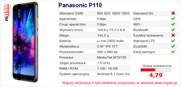 Dane telefonu Panasonic P110