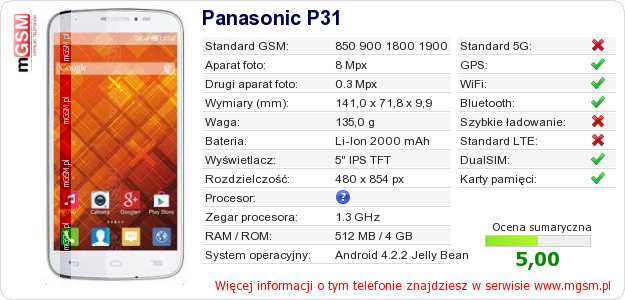 Dane telefonu Panasonic P31
