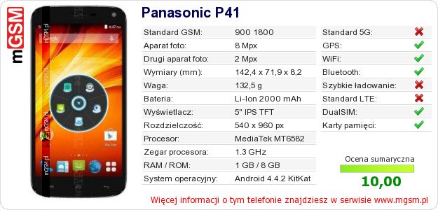 Dane telefonu Panasonic P41
