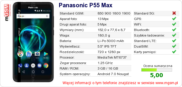 Dane telefonu Panasonic P55 Max
