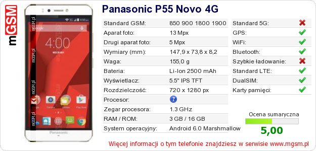 Dane telefonu Panasonic P55 Novo 4G Dane telefonu Panasonic P55 Novo 4G