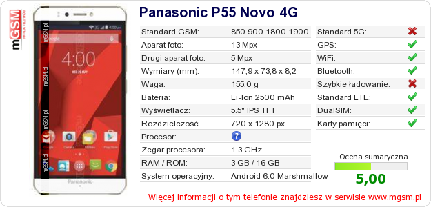 Dane telefonu Panasonic P55 Novo 4G