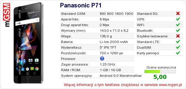 Dane telefonu Panasonic P71