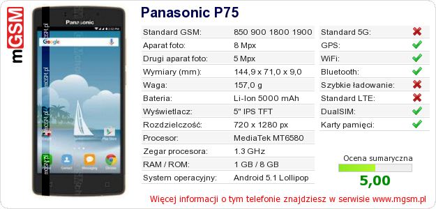 Dane telefonu Panasonic P75