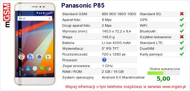 Dane telefonu Panasonic P85