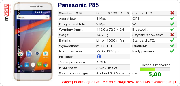 Dane telefonu Panasonic P85