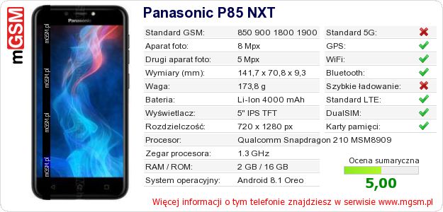 Dane telefonu Panasonic P85 NXT Dane telefonu Panasonic P85 NXT